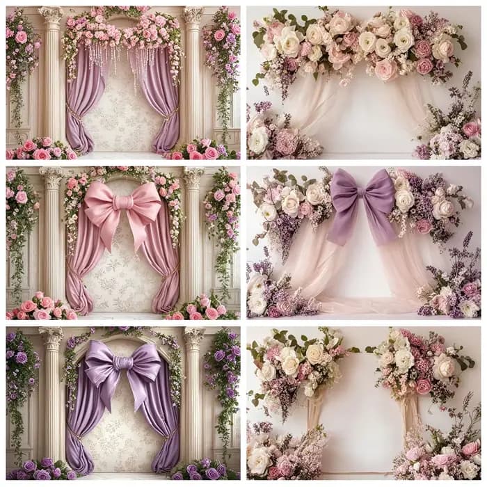 Arrière-plan de photographie de mariage pour filles, classique, violet, avec nœud Floral, pour spectacle de maternité, anniversaire, accessoires de Studio Photo