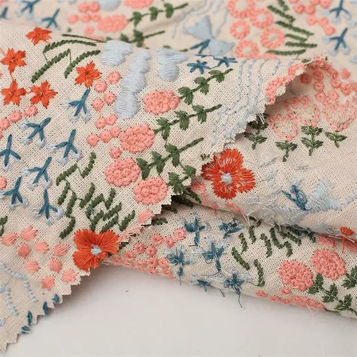 Tissu brodé de fleurs en coton et lin, tissu à coudre en coton pour la fabrication de vêtements et de robes