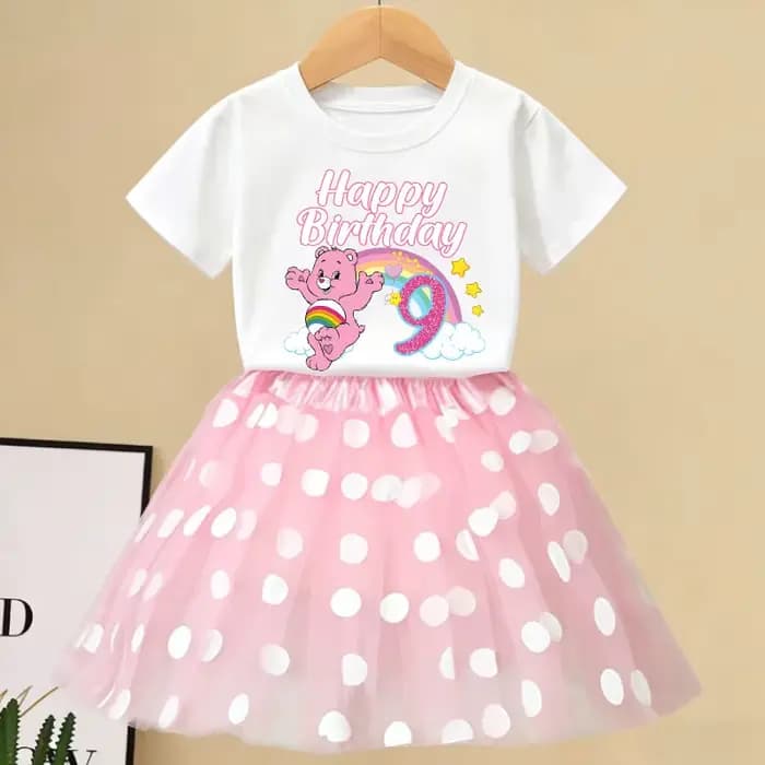 Ensemble T-shirt et jupe d'anniversaire Care Bears pour enfants, T-shirt à motif de personnage de dessin animé, jupes roses Kawaii, vêtements à manches courtes, cadeau