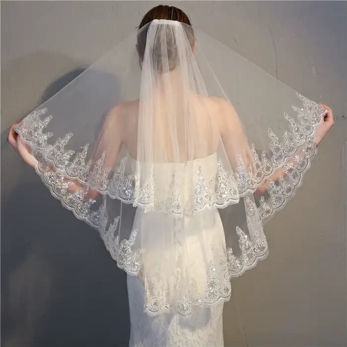 Nouveauté Voile De mariée 2 couches blanc ivoire noir bord appliqué voiles De mariée court noir dentelle voiles De mariée Velo De Novia
