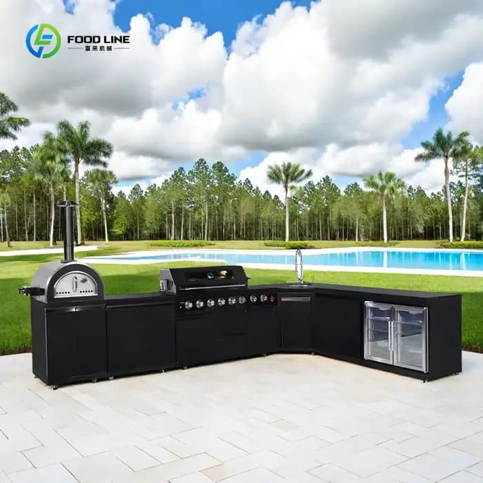 Îlot BBQ personnalisé, cuisine extérieure, grill, armoires de cuisine complètes, cuisine extérieure en forme de L, armoire BBQ en acier inoxydable noir