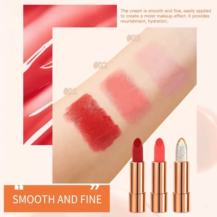 Ensemble de rouges à lèvres mats de luxe en trois couleurs – 3 teintes dans un étui rose doré scintillant avec chaîne
