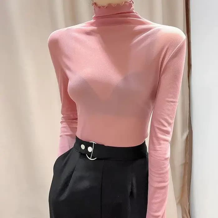 Chemisier en dentelle à col haut pour femmes, à manches longues, en gaze fine, vêtements transparents, mode printemps-automne