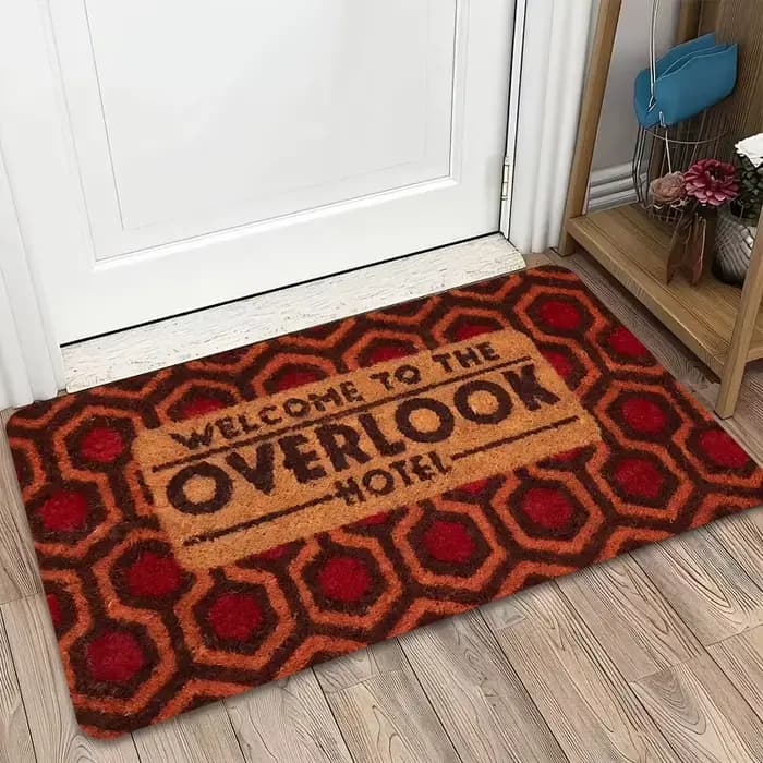 Paillasson sur le thème de l'hôtel vintage – Matériau épais en flanelle, hexagone rouge orange avec texte de bienvenue noir audacieux, décoration intérieure et extérieure