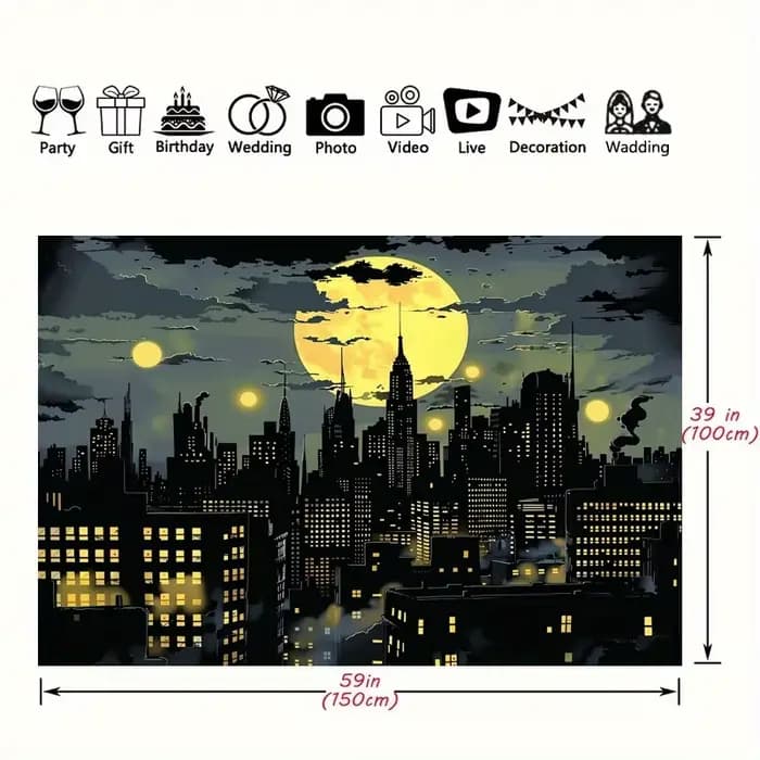 Fond de super-héros City : horizon vibrant, pleine lune et motif chauve-souris - Parfait pour la photographie, les fêtes et la décoration