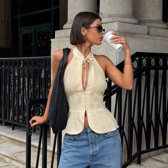 Crop top en lin sexy, dos nu, débardeur pour femme, uni, ajusté, boutonné, sans manches, style streetwear Y2K, hauts halter