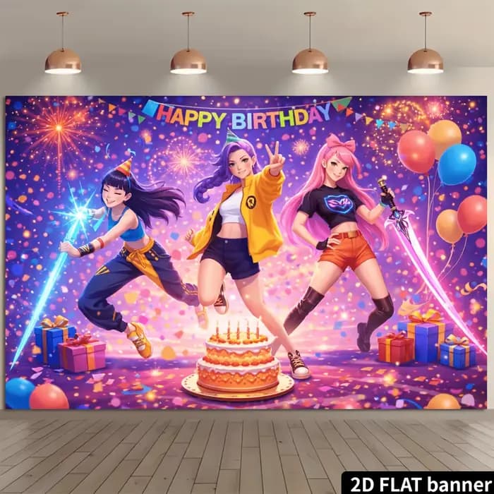 Un toile de fond de fête d'anniversaire 2D, avec des personnages de style dessin animé vibrants et une ambiance animée.
