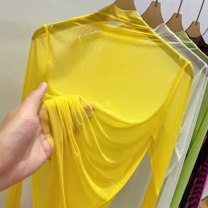 T-shirt à manches longues en gaze transparente pour femmes, vêtements d'été, chemise à col mi-haut, crème solaire, 2024