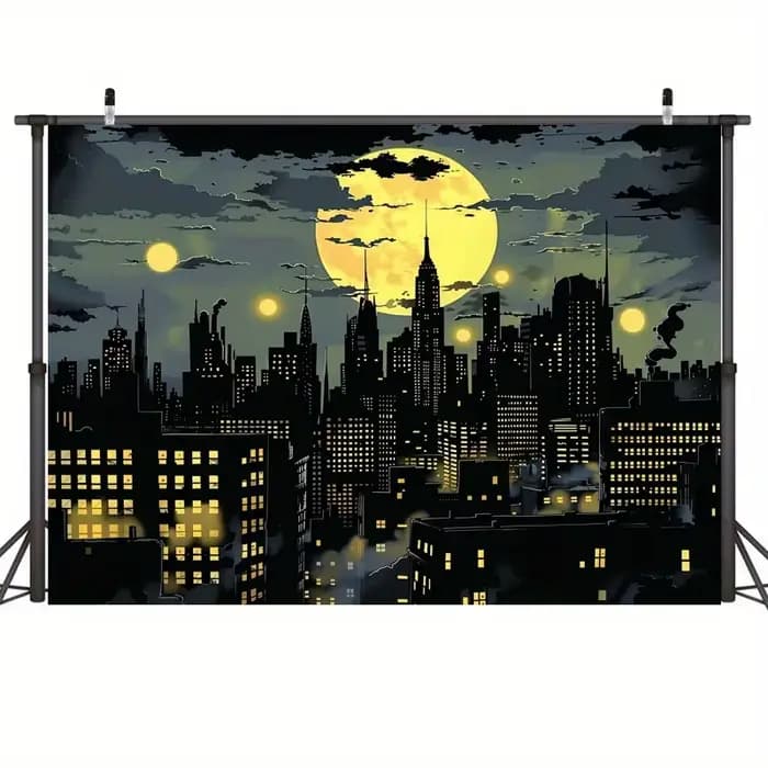 Fond de super-héros City : horizon vibrant, pleine lune et motif chauve-souris - Parfait pour la photographie, les fêtes et la décoration