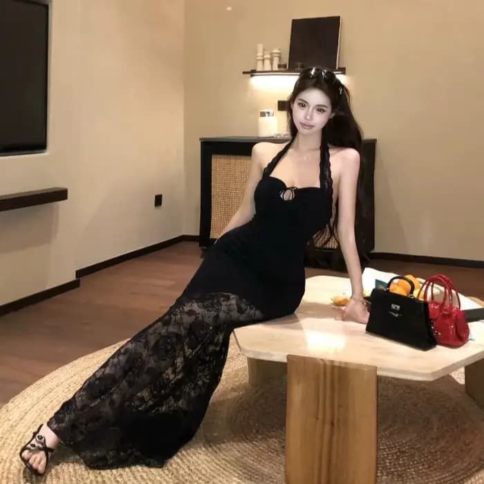 Robe dos nu en dentelle épissée pour femmes, jupe longue noire, Slim, ceinture Pure, été