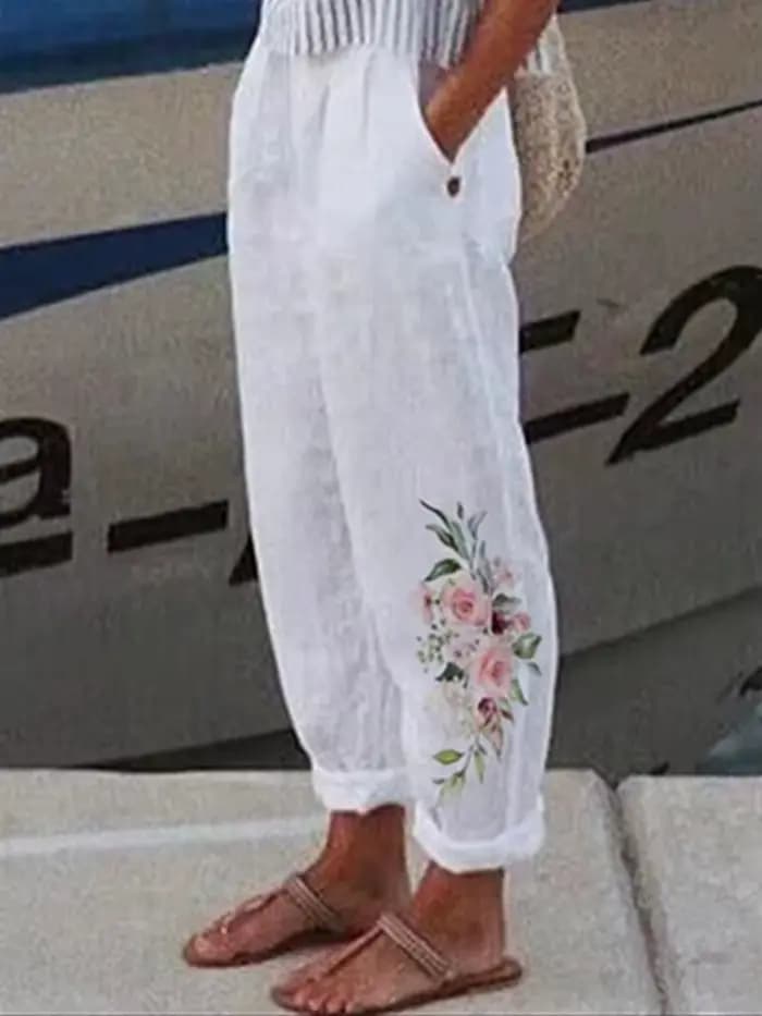 Pantalon en coton et lin pour femmes, streetwear décontracté, élégant, imprimé floral, poche, printemps, été, nouveau