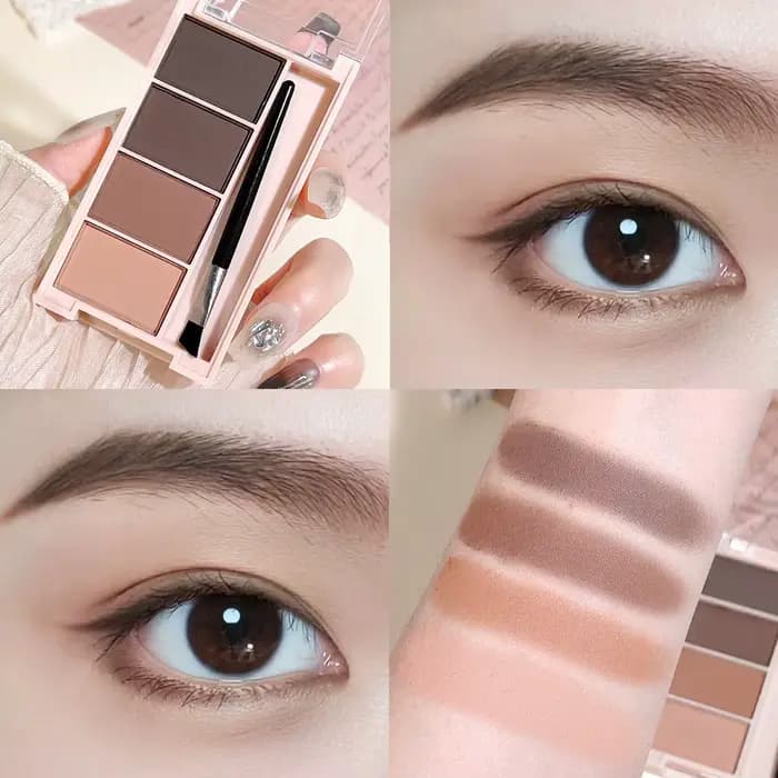 Un ensemble de plateaux de poudre à sourcils de 4 couleurs avec des pinceaux en tons gris et marron mat pour un rendu durable, un remplissage et un s