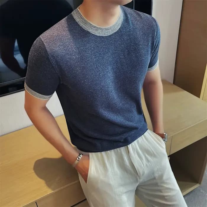 Polo en tricot color-block pour homme en mélange de lin – Chemise à manches courtes respirante et anti-humidité avec tombé naturel