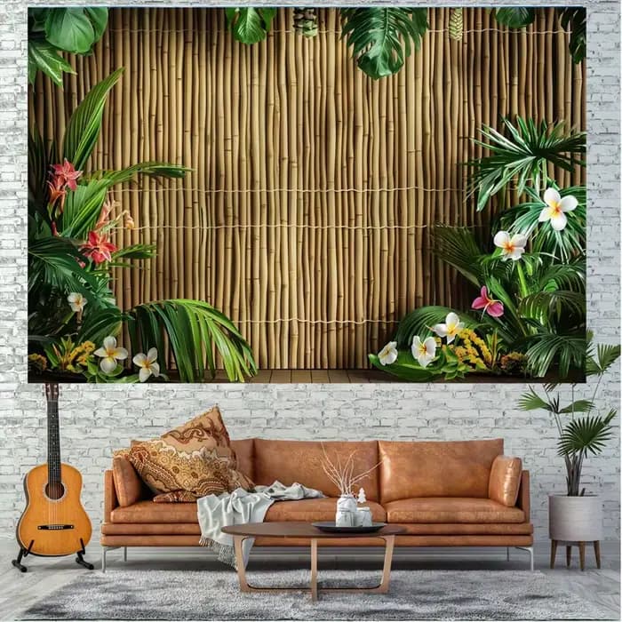 1 fond mural en bambou tropical avec feuilles de palmier et fleurs d'hibiscus - Fond de photographie de plage hawaïenne