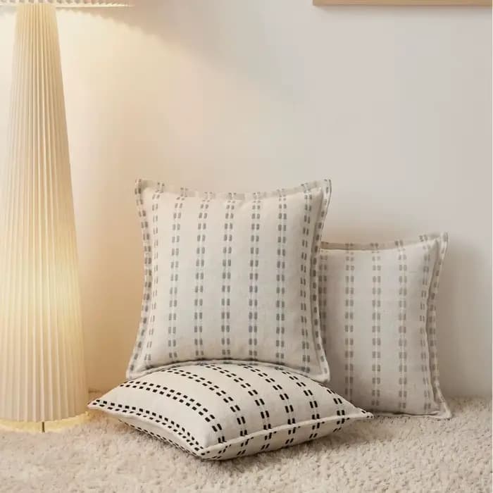 Housse de coussin bohème en jacquard tissé rayé, en lin et coton texturé, avec bord festonné, taie d'oreiller moderne pour la décoration intérieure