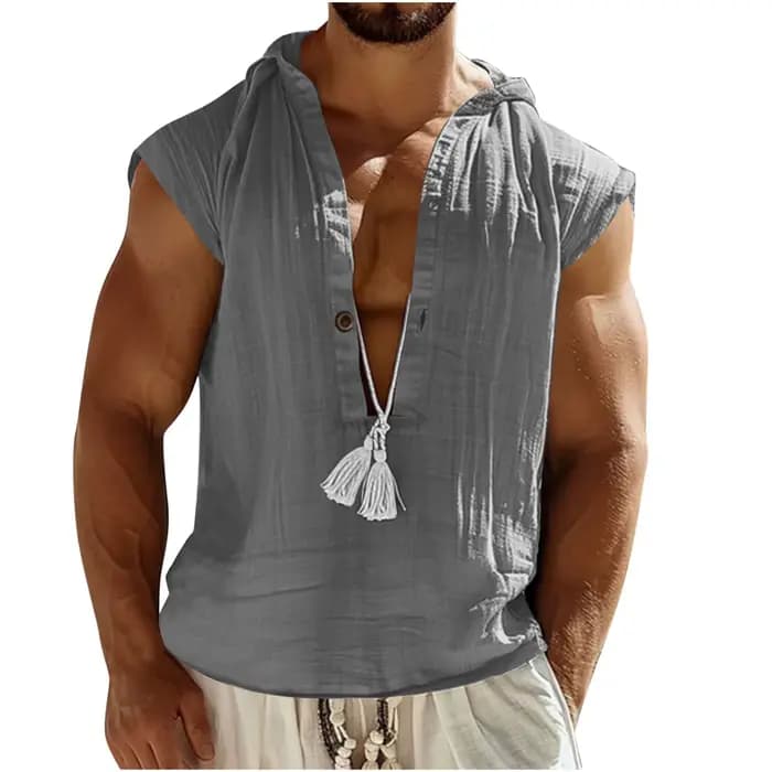 Débardeur en lin vintage pour homme, col en V profond, sans manches, coupe ample, respirant, pour l'été 2026, style décontracté, idéal pour la plage et le quotidien