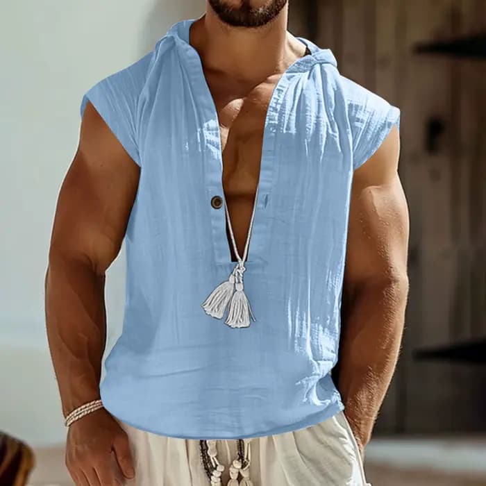 Débardeur en lin vintage pour homme, col en V profond, sans manches, coupe ample, respirant, pour l'été 2026, style décontracté, idéal pour la plage et le quotidien