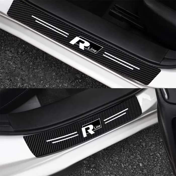 Autocollant de protection de seuil de porte de voiture en cuir et fibre de carbone avec logo Rline pour Volkswagen VW R Line R32 Touareg Passat Polo MTM Blue Motion