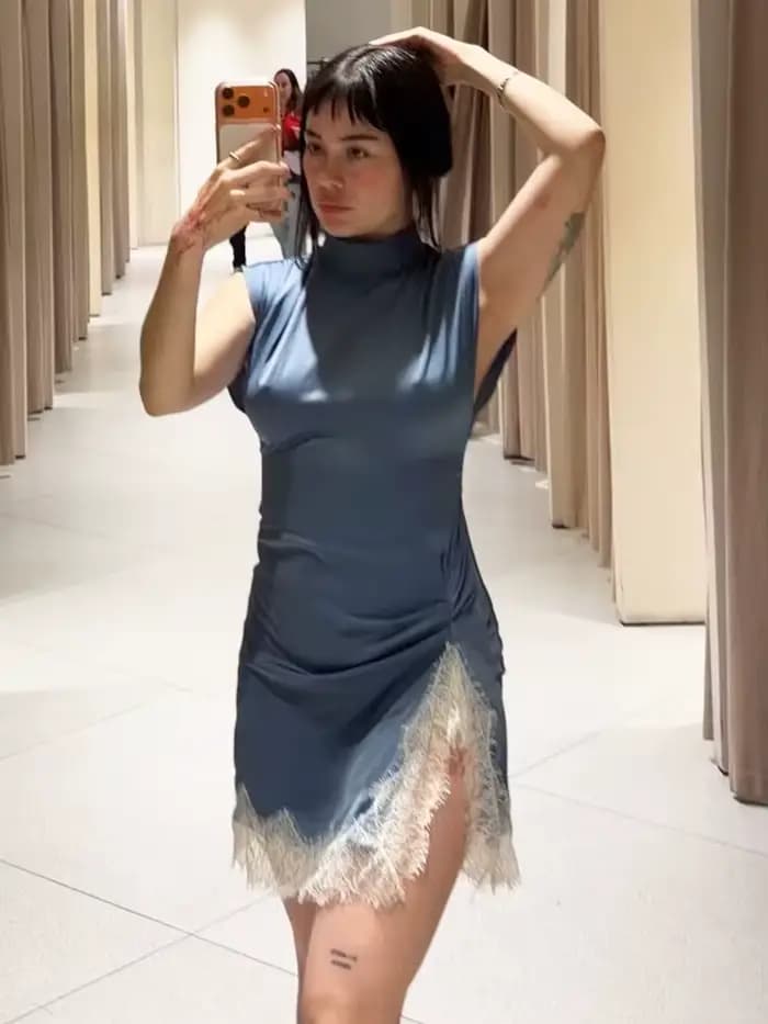 Robes Courtes en Dentelle pour Femme, Robe Moulante Sexy sans Manches avec Fente, Mini-Robe Bleue d'Été, Robe Plissée Élégante Décontractée pour Femme
