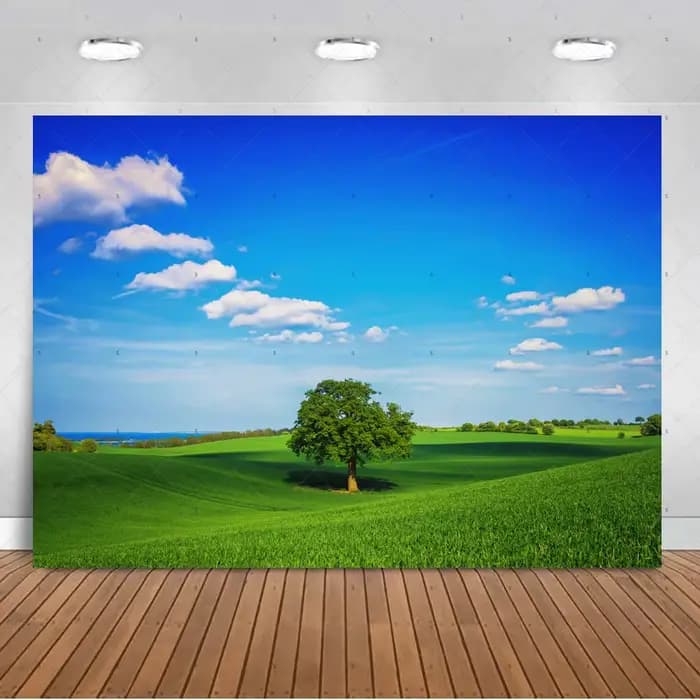 Décorations de fête sur le thème de la prairie ensoleillée, toile de fond avec paysage de montagne vert vif, accessoires de studio photo, bannière et fournitures