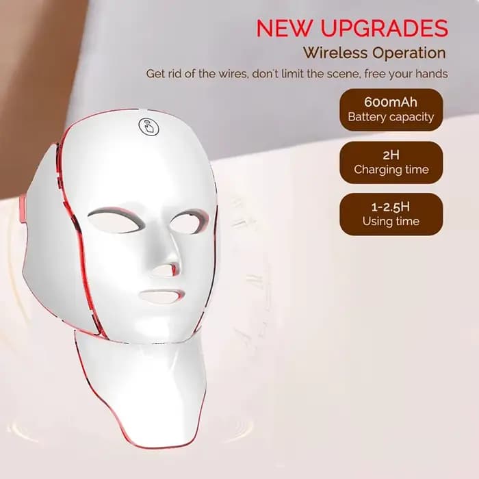 Masque facial LED 7 couleurs, thérapie par lumière rouge, rechargeable par USB, masque sans fil, soin anti-âge du visage et du cou, stimulation du collagène, appareil de beauté