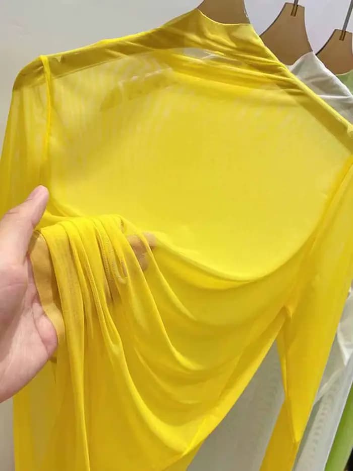 T-shirt à manches longues en gaze transparente pour femmes, vêtements d'été avec chemise en gaze, col mi-haut, protection solaire, 2024