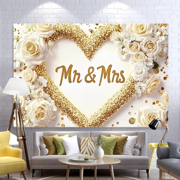 1 bannière de fond de mariage pour mariée et marié, décoration de fête saisonnière non électrique en polyester pour le printemps, l'été, l'automne et l'anniversaire
