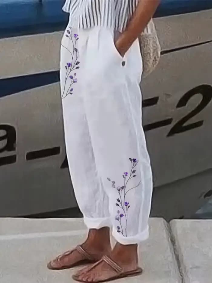 Pantalon en coton et lin pour femmes, streetwear décontracté, élégant, imprimé floral, poche, printemps, été, nouveau