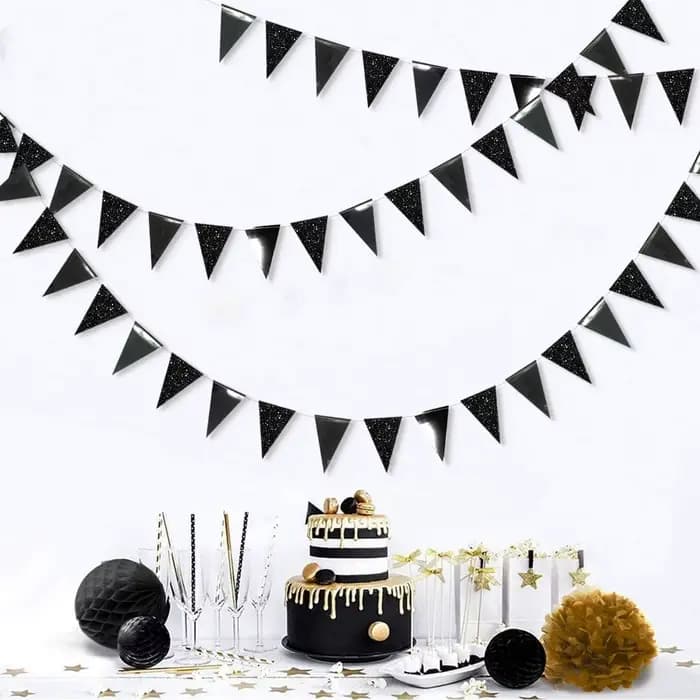Guirxiété à paillettes pour fête d'anniversaire, bannière triangulaire, drapeaux en papier, banderole de remise des diplômes, décoration de fête noire