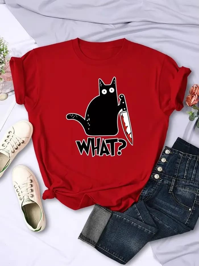 Couteau de cuisine Black Cat Quel? T-Shirts à manches courtes imprimés pour femmes, T-Shirts respirants à la mode, hauts d'été Cool, Streetwear