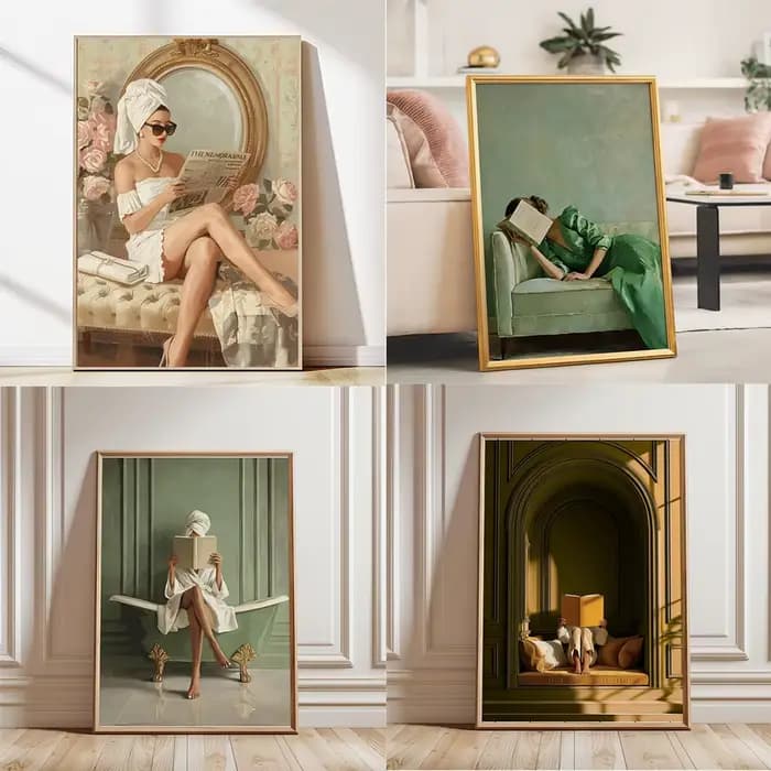 Affiche murale minimaliste vert sauge avec femme lisant dans une baignoire rose – Décoration de salle de bain