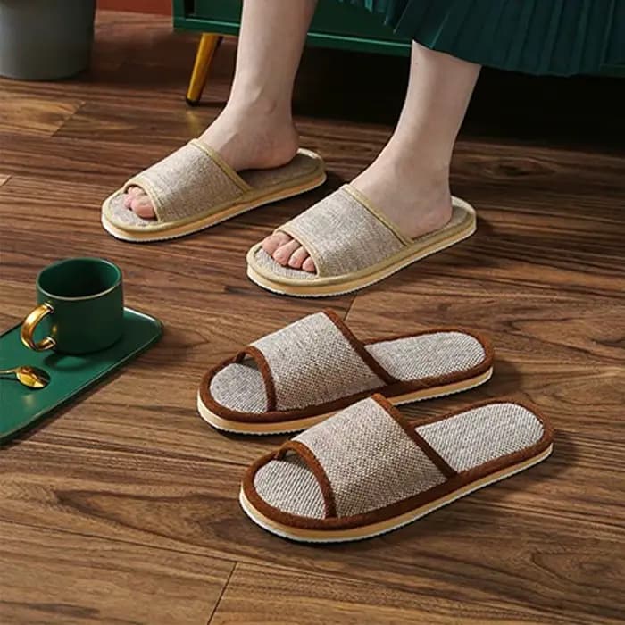 Chaussons d'intérieur en lin à bout ouvert pour femmes et hommes, respirants, légers et confortables, chaussures décontractées à enfiler