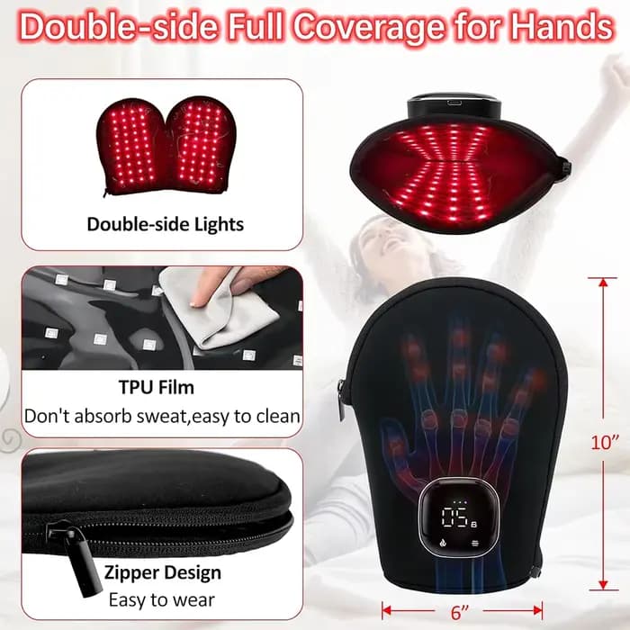 Thérapie par la lumière rouge pour soulager la douleur des mains avec lumière infrarouge rouge 660nm et 850nm, gant de thérapie par la lumière infrarouge proche LED rechargeable