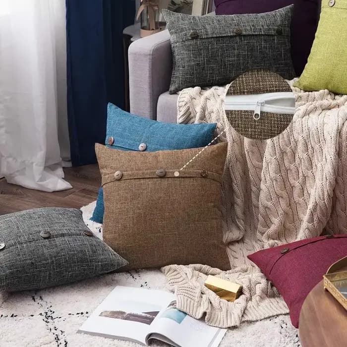 Juste de coussin en lin avec bouton, taie d'oreiller décorative nordique, canapé de salon, décoration d'intérieur, 45x45cm