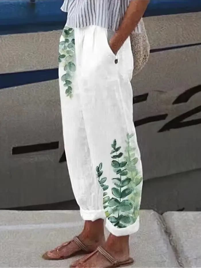 Pantalon en coton et lin pour femmes, streetwear décontracté, élégant, imprimé floral, poche, printemps, été, nouveau