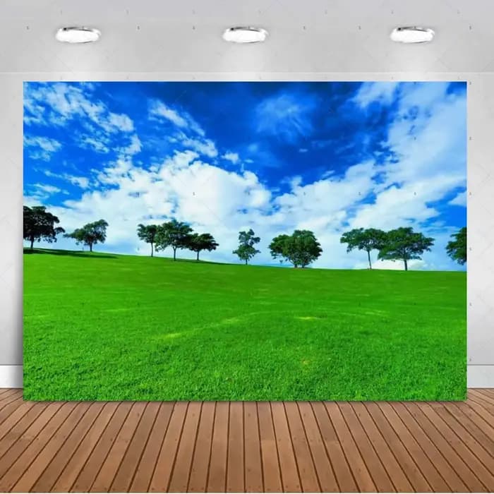 Décorations de fête sur le thème de la prairie ensoleillée, toile de fond avec paysage de montagne vert vif, accessoires de studio photo, bannière et fournitures