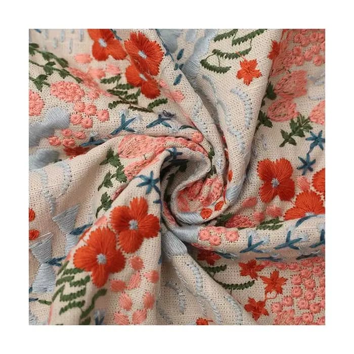 Tissu brodé de fleurs en coton et lin, tissu à coudre en coton pour la fabrication de vêtements et de robes