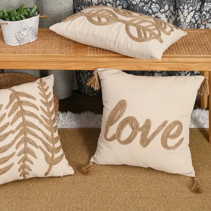 Housse de coussin en lin avec corde brodée, motif lettres et feuilles, franges, glands, luxe élégant, style Boho, taie d'oreiller pour canapé, décoration de la maison