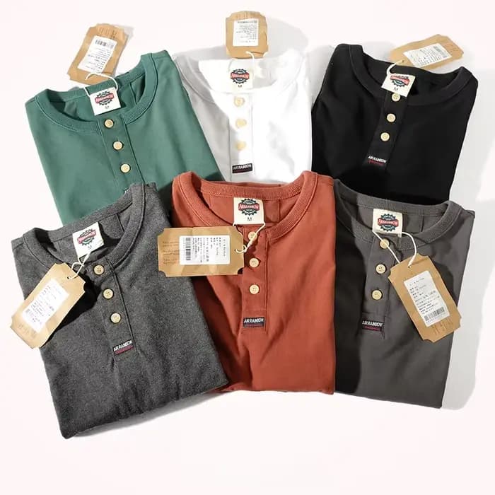 T-shirt à manches longues col Henry pour homme, rétro américain, décontracté, porté à la recherche, délavé, document solide, base simple, manches longues, T