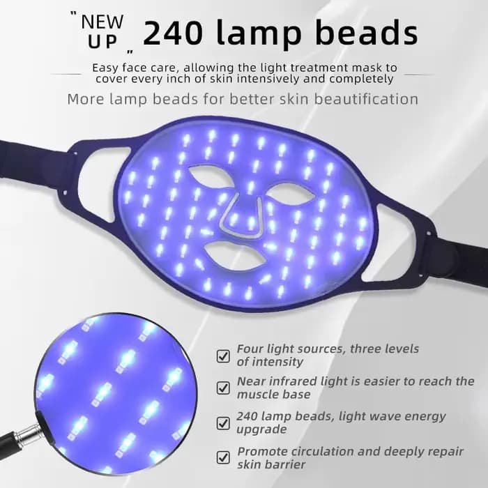 Masque de beauté LED en silicone pour le visage et le cou, 4 couleurs, 240 perles de lampe, thérapie photonique, flexible, éclaircissant la peau, anti-déformable
