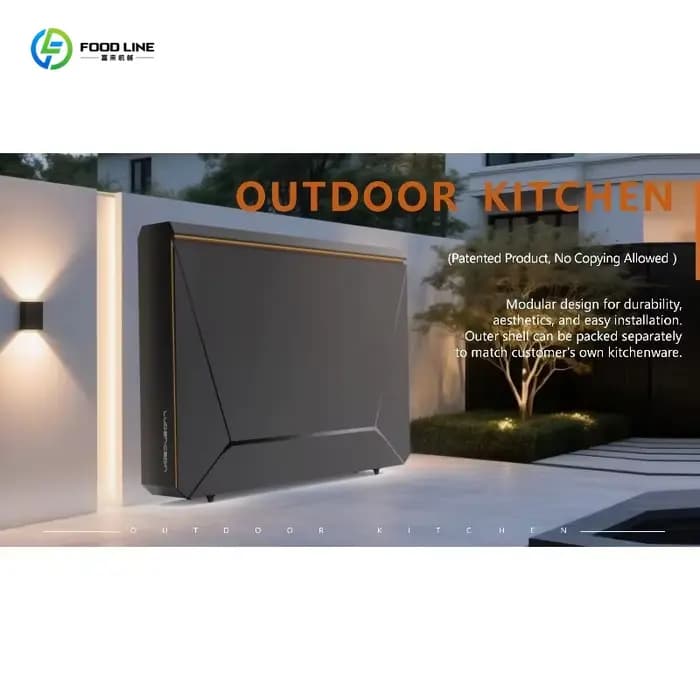 Cuisine extérieure électrique élégante et personnalisée avec évier et réfrigérateur intégrés, installation rapide pour les réceptions dans la cour.