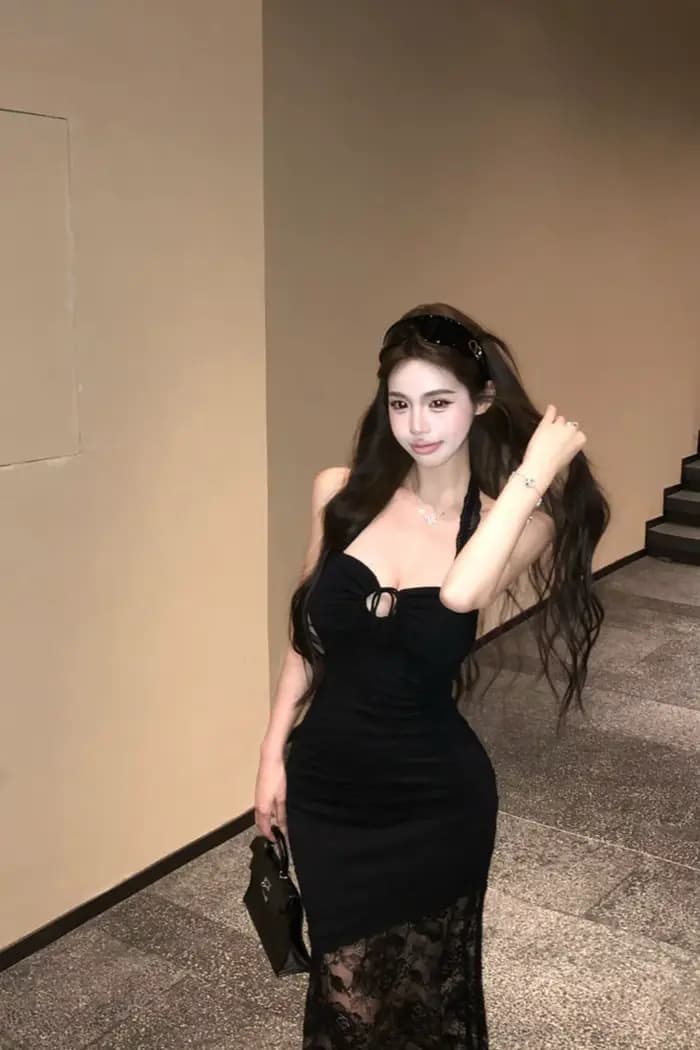 Robe dos nu en dentelle épissée pour femmes, jupe longue noire, Slim, ceinture Pure, été
