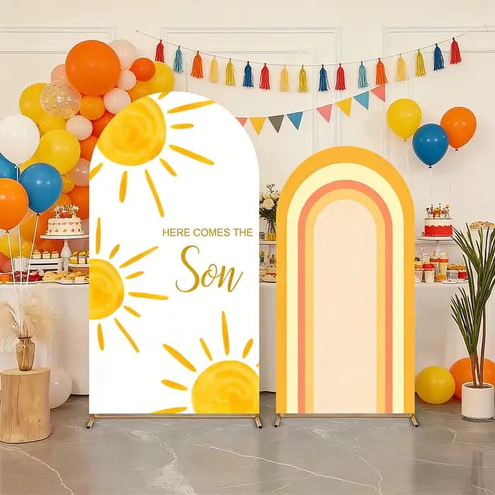 Voici l'arrière-plan de fête d'anniversaire « Here Comes The Sun » orange, arc-en-ciel, soleil, pour garçons, décoration photo, fond de photographie pour baby shower