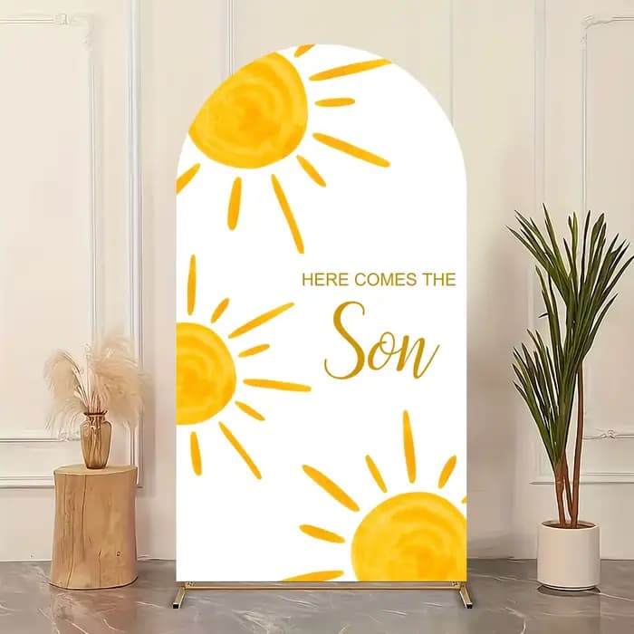 Voici l'arrière-plan de fête d'anniversaire « Here Comes The Sun » orange, arc-en-ciel, soleil, pour garçons, décoration photo, fond de photographie pour baby shower