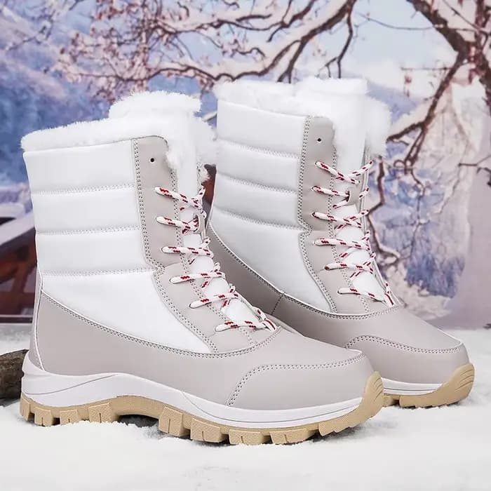 Bottes d'hiver chaudes doublées de polaire, mi-hautes, imperméables et coupe-vent en similicuir pour femme, avec semelle extérieure en caoutchouc confortable