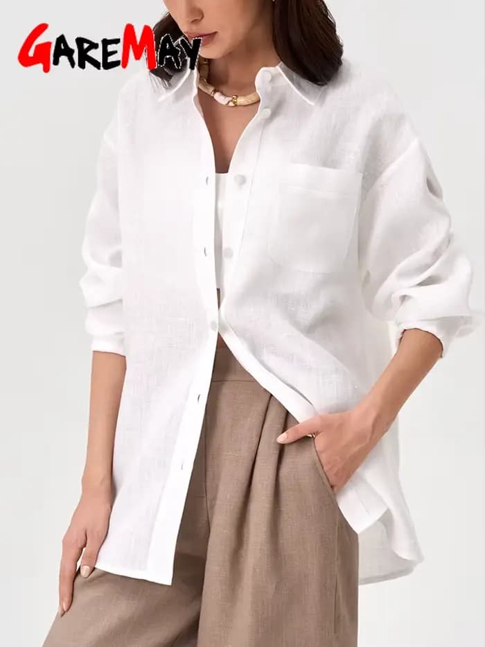 Chemise en lin pour femme, manches longues, blouses élégantes, haut basique, col jaune, bleu, chemise en coton pour femme