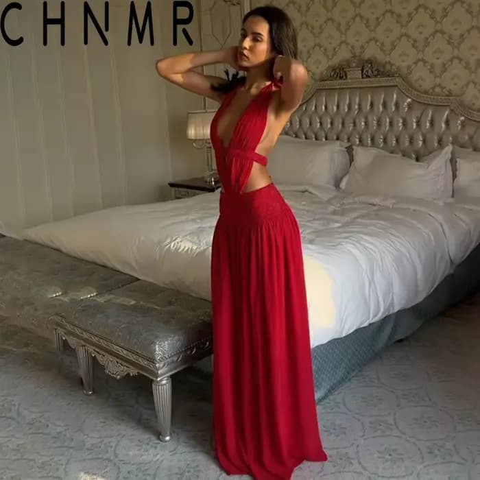 CHNMR Robe longue rouge pour femme, col licou, décolleté plongeant en V, taille découpée, robe de soirée sexy dos nu, pour soirée et bal de promo, nouvelle robe élégante