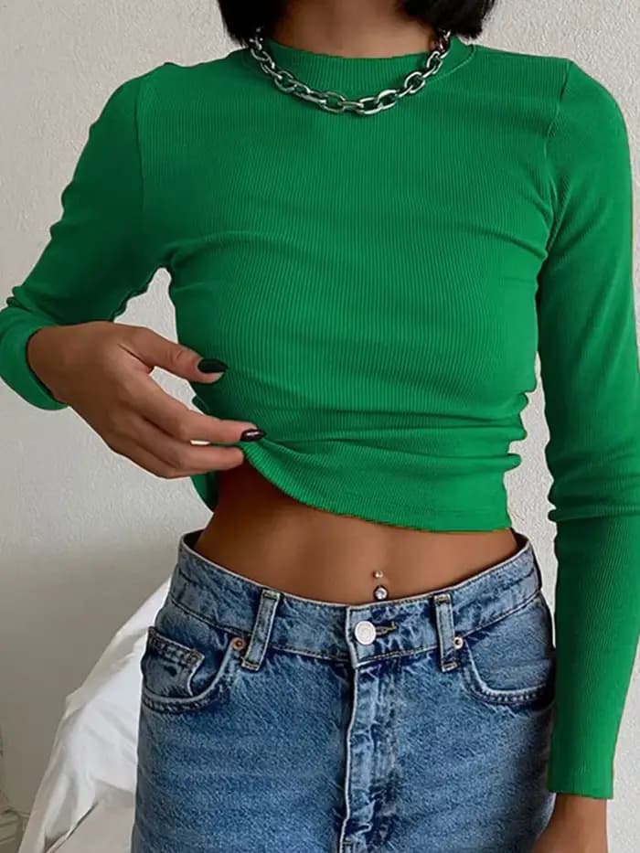 T-shirt col côtelé vert pour femmes, vêtements de printemps pour dames, couleur unie, Slim, maille, Sexy, court, manches longues, hauts, 2024
