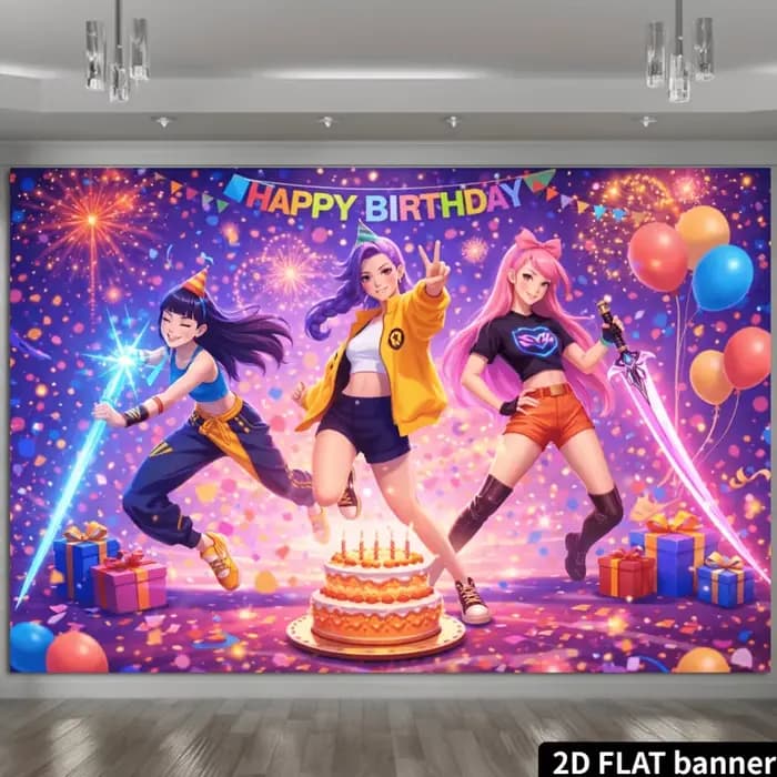 Un toile de fond de fête d'anniversaire 2D, avec des personnages de style dessin animé vibrants et une ambiance animée.