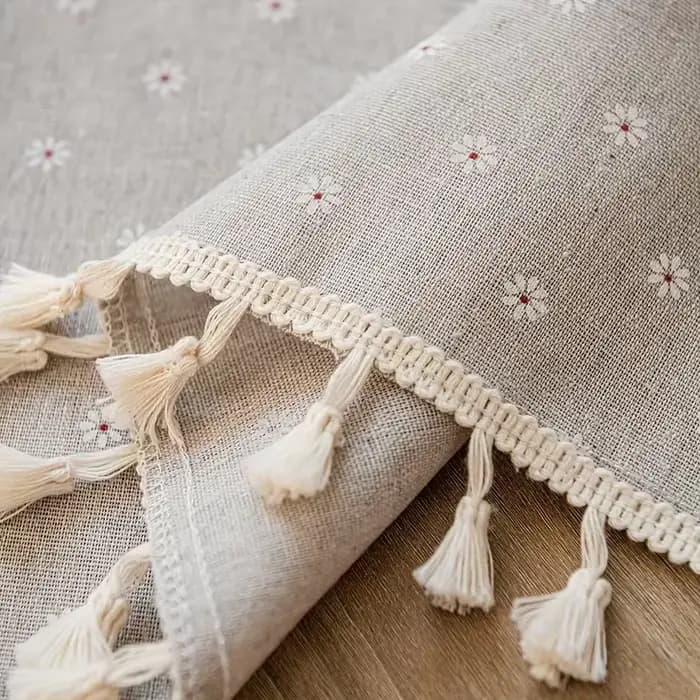 Rideau court en coton et lin à motif floral avec pompons, passe-tringle supérieur, idéal pour la décoration de la cuisine, du salon et de la salle à manger